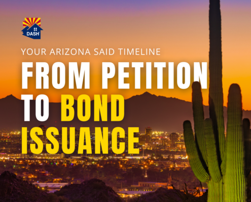 DASH logo and the headline "Your Arizona SAID Timeline: From Petition to Bond Issuance" over the Phoenix skyline at sunset, with a saguaro cactus in the foreground partly in front of the headline.