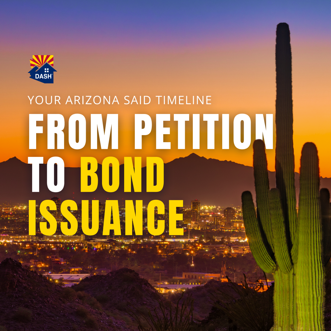 DASH logo and the headline "Your Arizona SAID Timeline: From Petition to Bond Issuance" over the Phoenix skyline at sunset, with a saguaro cactus in the foreground partly in front of the headline.